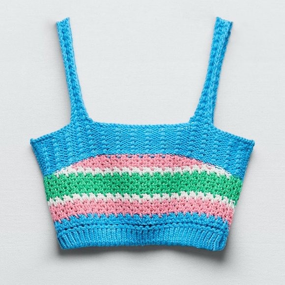 NEW Zara Crochet Knit Striped Y2K Cropped Top Blue Pink Green White Small S - Picture 3 of 7